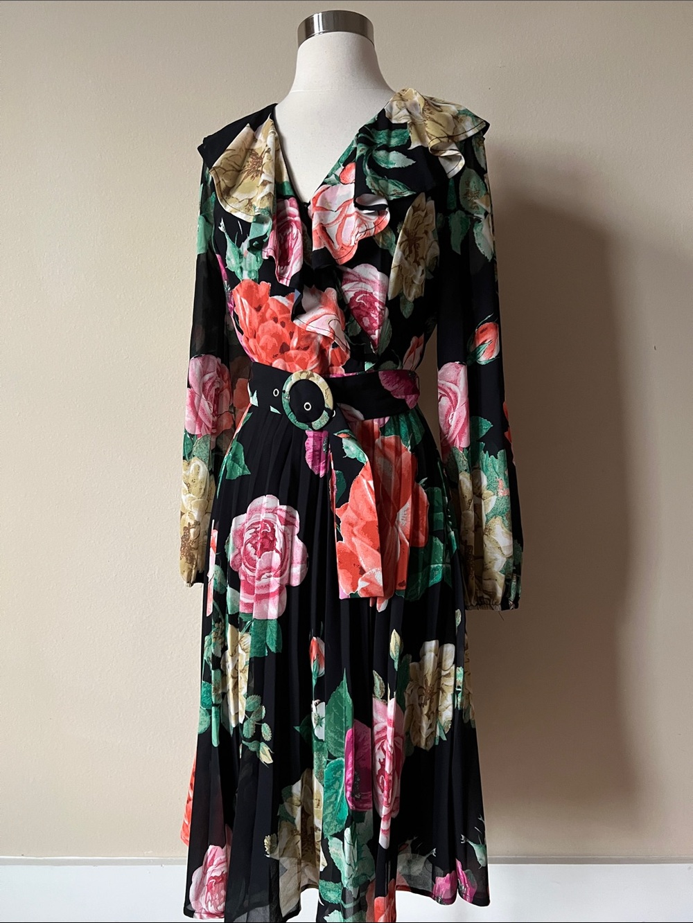 Jealous Tomato Black Floral Ruffle Belted Long Sleeve Midi Dress
